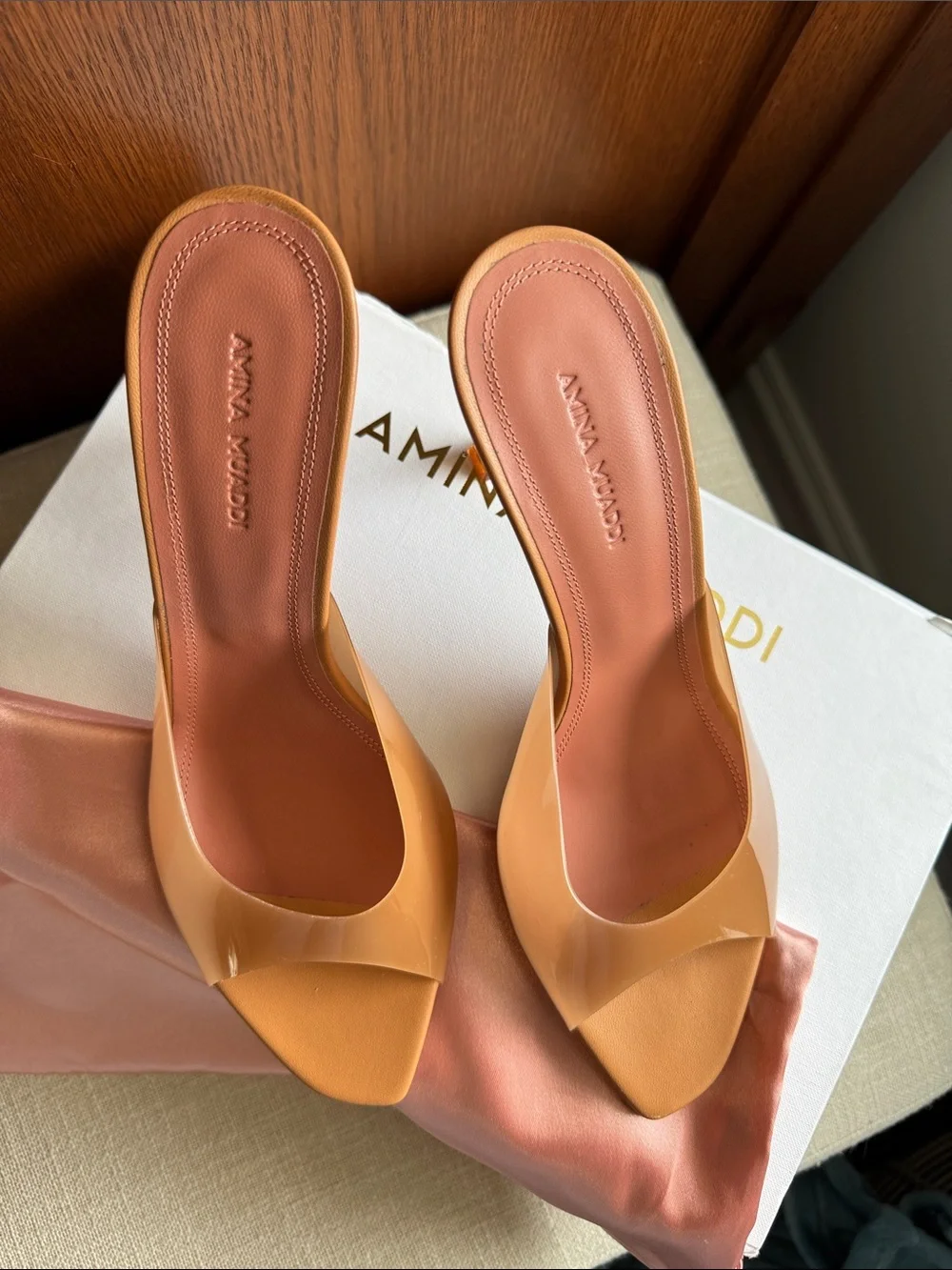 Amina Muaddi Alexa Glass Slipper, size 38, Latte color